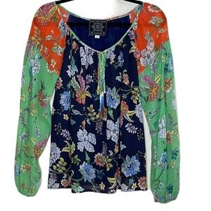 JOHNNY WAS HORTENSIA MIXED FLORAL PRINT LONG SLEEVE TOP SIZE‎ XS